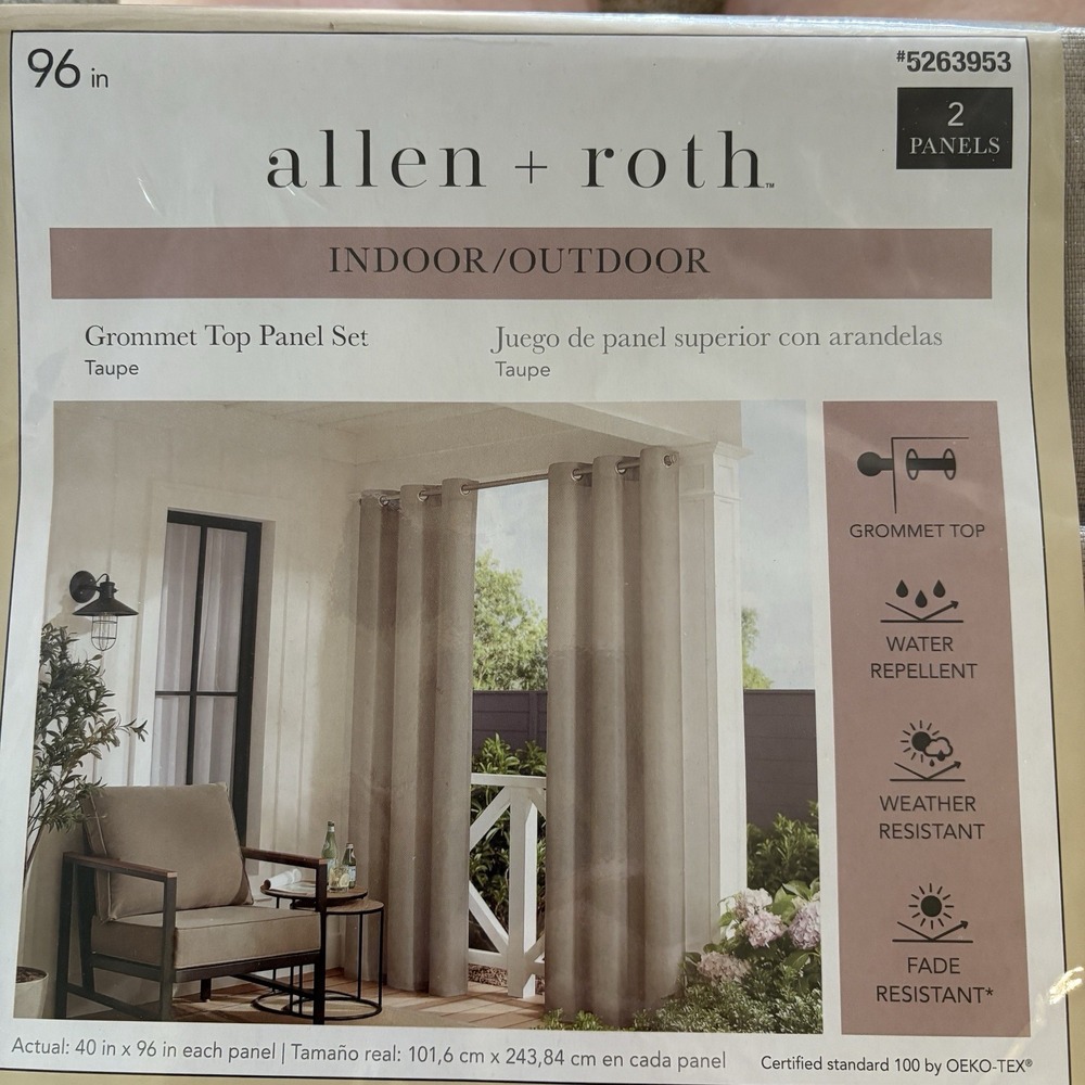 Allen + Roth 40 x 96 Indoor Outdoor Grommet Curtains Taupe 2 Panel Set NWOT